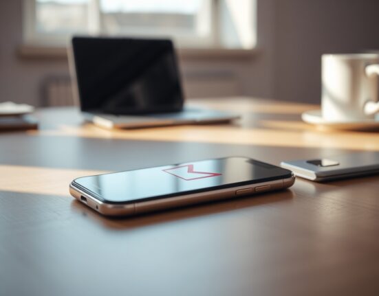 Smartphone on a desk showing Gmail interface with AI chatbot icon, representing Gmail Live voice feature