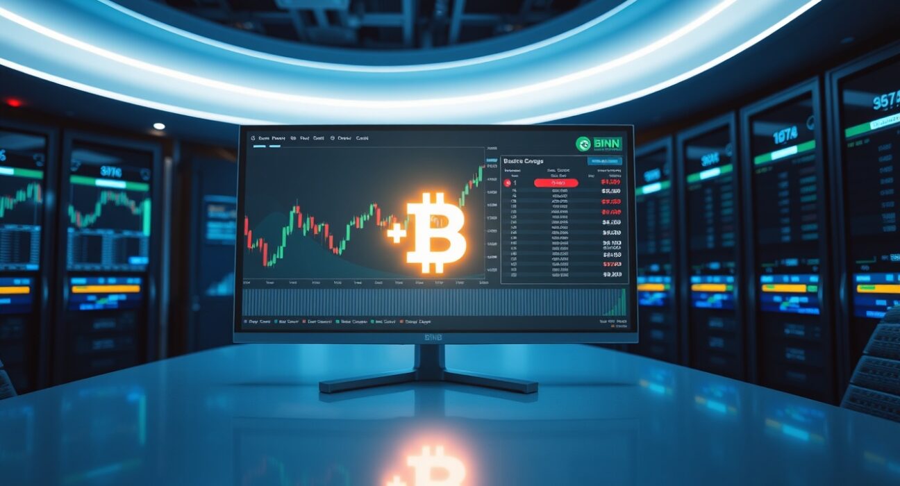 Cryptocurrency trading screen showing BNB symbol and charts on a professional trading desk.
