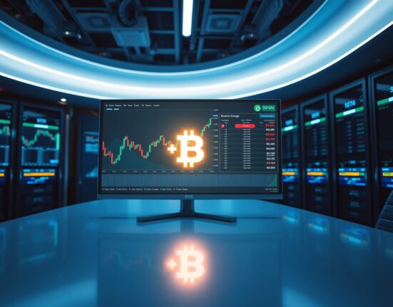 Cryptocurrency trading screen showing BNB symbol and charts on a professional trading desk.