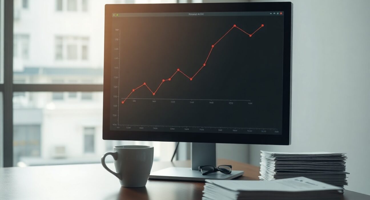 Financial analyst's desk with computer showing earnings chart and reports