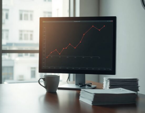 Financial analyst's desk with computer showing earnings chart and reports