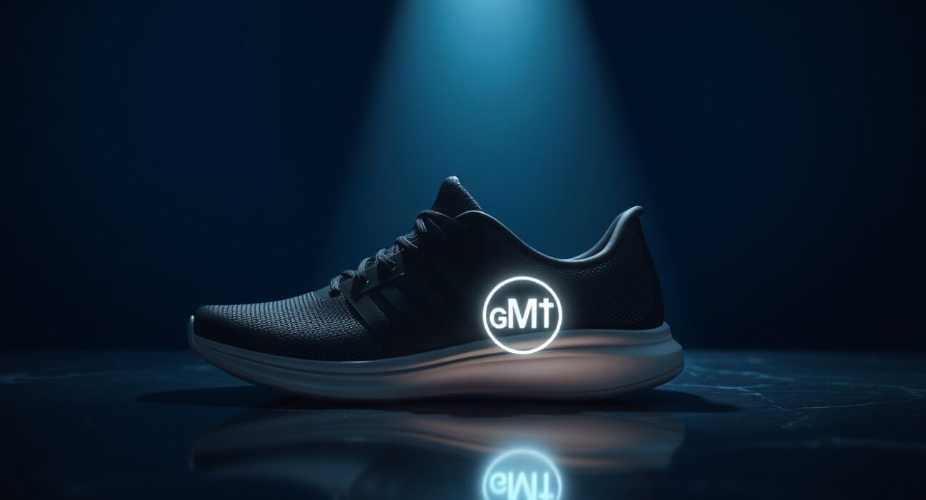 GMT cryptocurrency token on a sleek shoe, symbolizing fitness and blockchain integration.