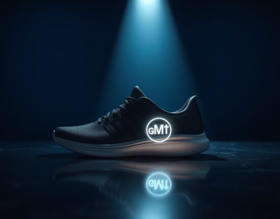 GMT cryptocurrency token on a sleek shoe, symbolizing fitness and blockchain integration.