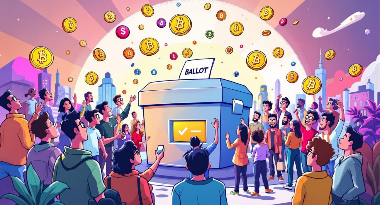 A cartoon illustration showing the GMX Community Vote on reimbursement options, highlighting collective decision-making for recovery.