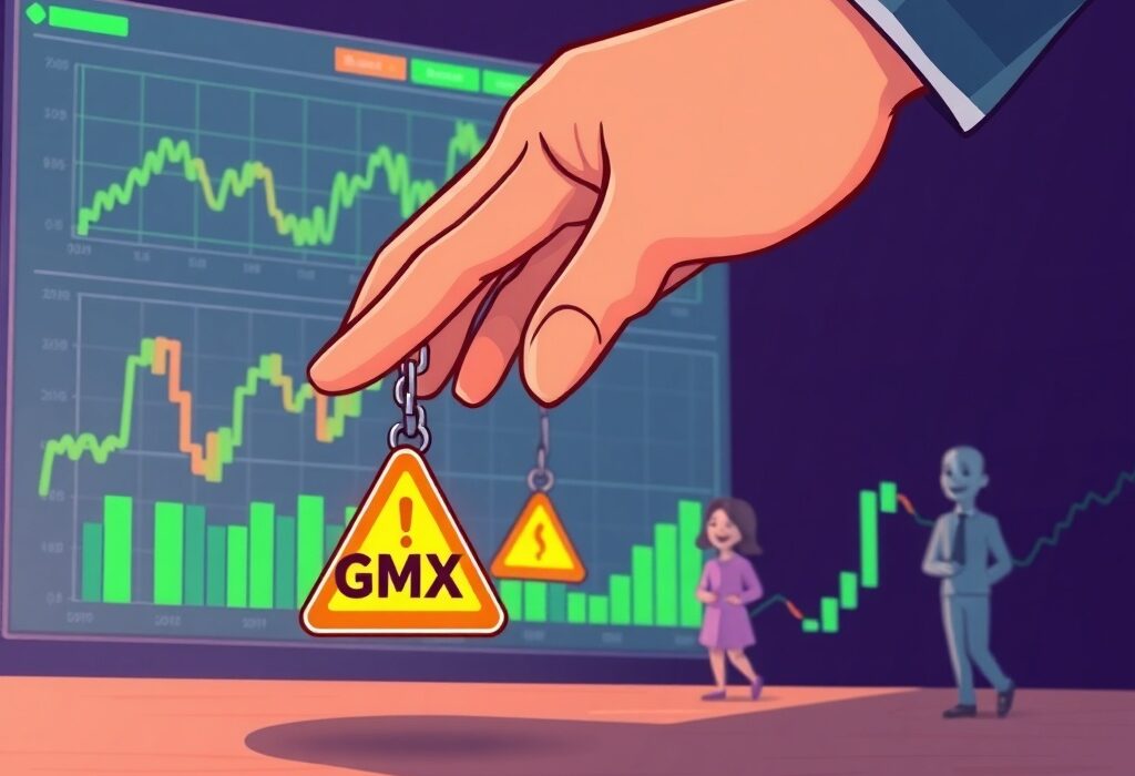 A cartoon image showing a hand removing a warning sign from a GMX crypto token, symbolizing Bithumb's decision to lift the warning.