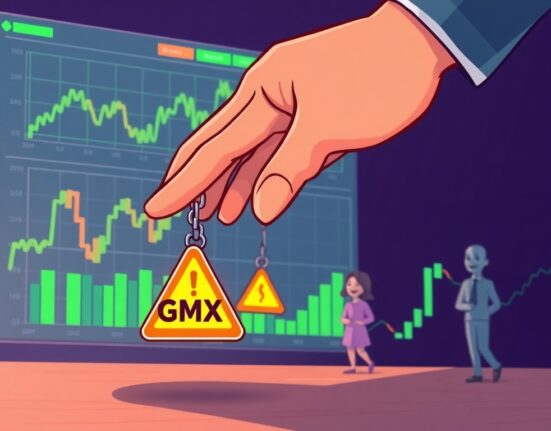 A cartoon image showing a hand removing a warning sign from a GMX crypto token, symbolizing Bithumb's decision to lift the warning.