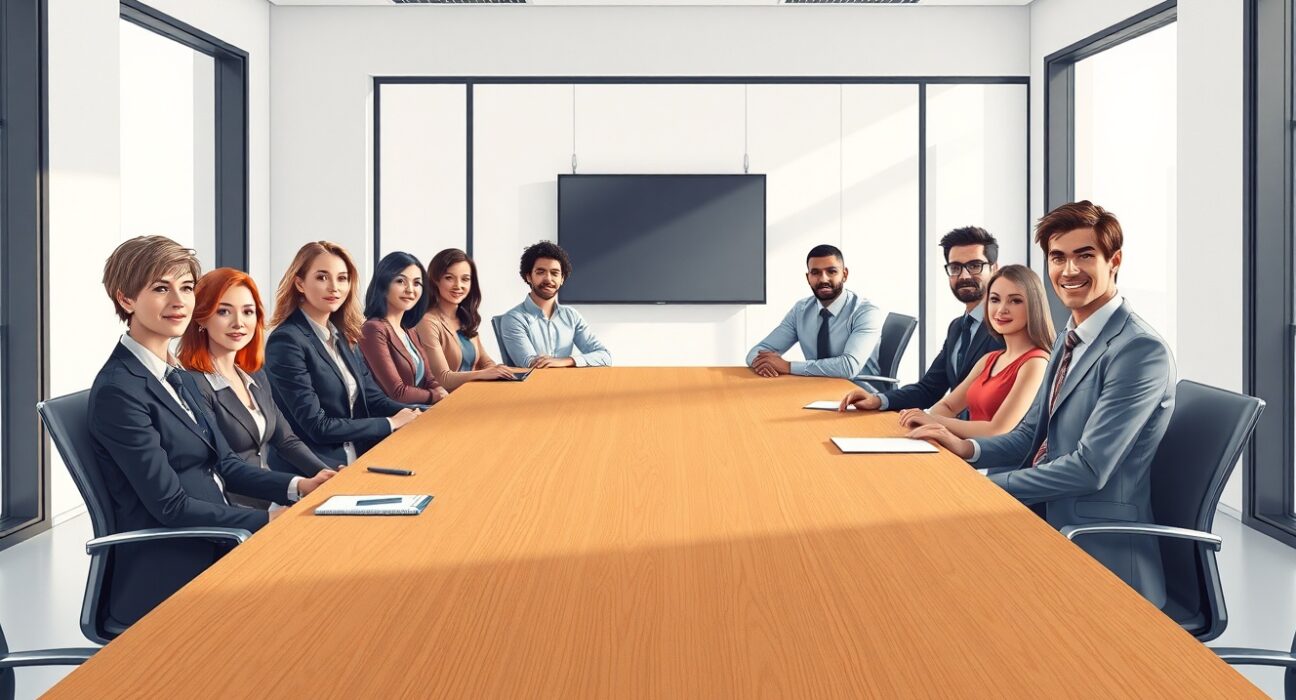 Boardroom meeting with professionals discussing strategy, representing corporate leadership and governance.