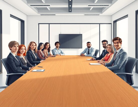 Boardroom meeting with professionals discussing strategy, representing corporate leadership and governance.