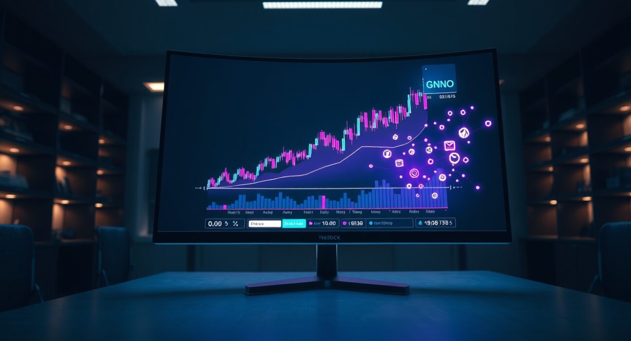 Gnosis (GNO) price chart and blockchain network visualization on a monitor in a modern trading office
