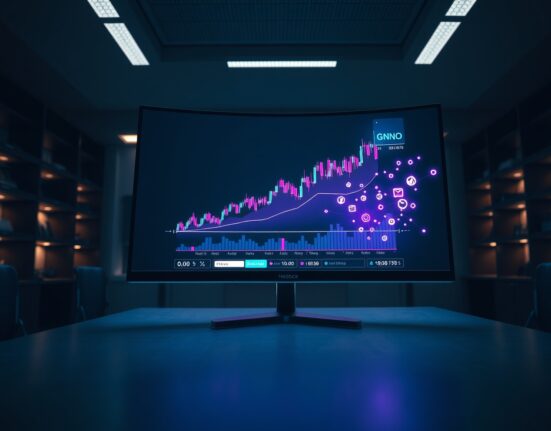 Gnosis (GNO) price chart and blockchain network visualization on a monitor in a modern trading office