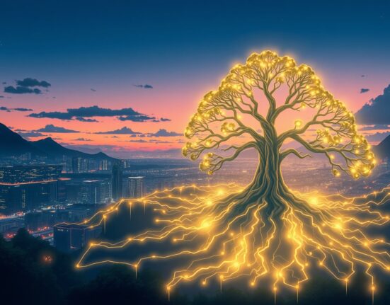 Gnosis blockchain ecosystem visualized as an interconnected digital network driving decentralized prediction markets