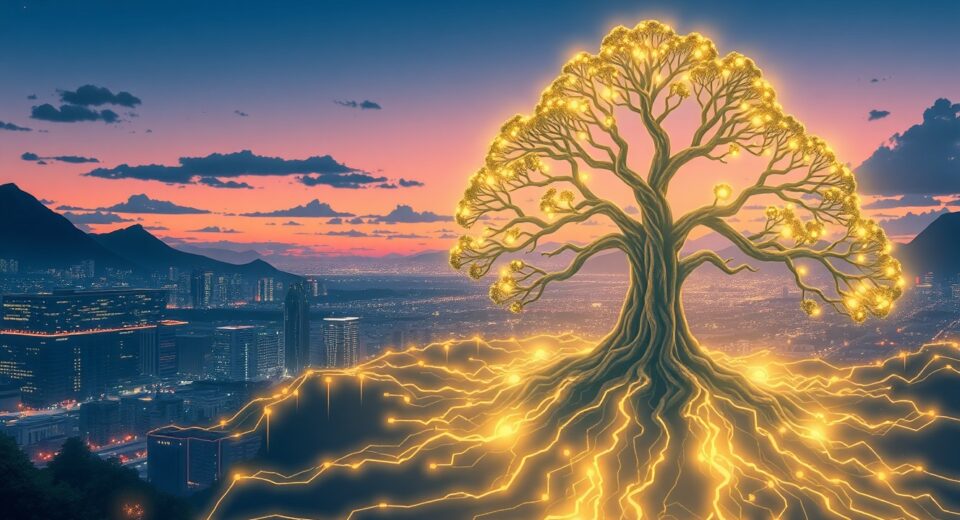 Gnosis blockchain ecosystem visualized as an interconnected digital network driving decentralized prediction markets