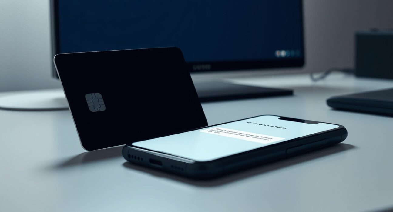 A crypto payment card on a desk with a smartphone showing an alert, representing a security warning for Gnosis Pay users.