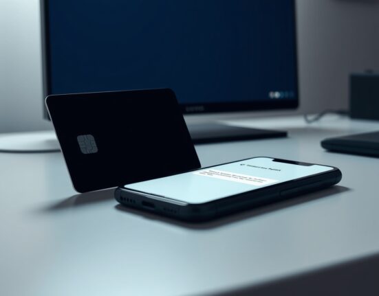 A crypto payment card on a desk with a smartphone showing an alert, representing a security warning for Gnosis Pay users.