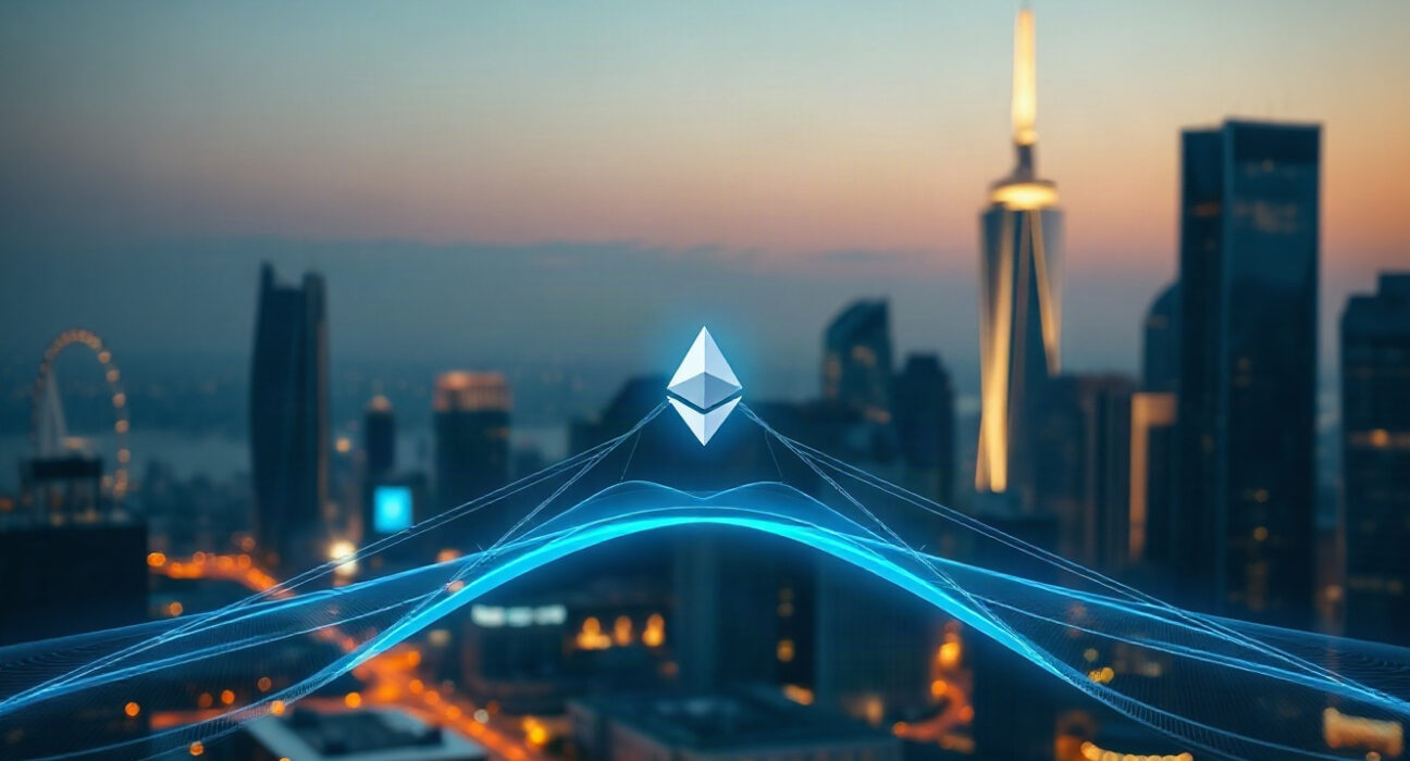 Digital bridge representing Gnosis's transition from a standalone layer-1 to Ethereum layer-2 network