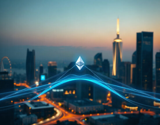 Digital bridge representing Gnosis's transition from a standalone layer-1 to Ethereum layer-2 network