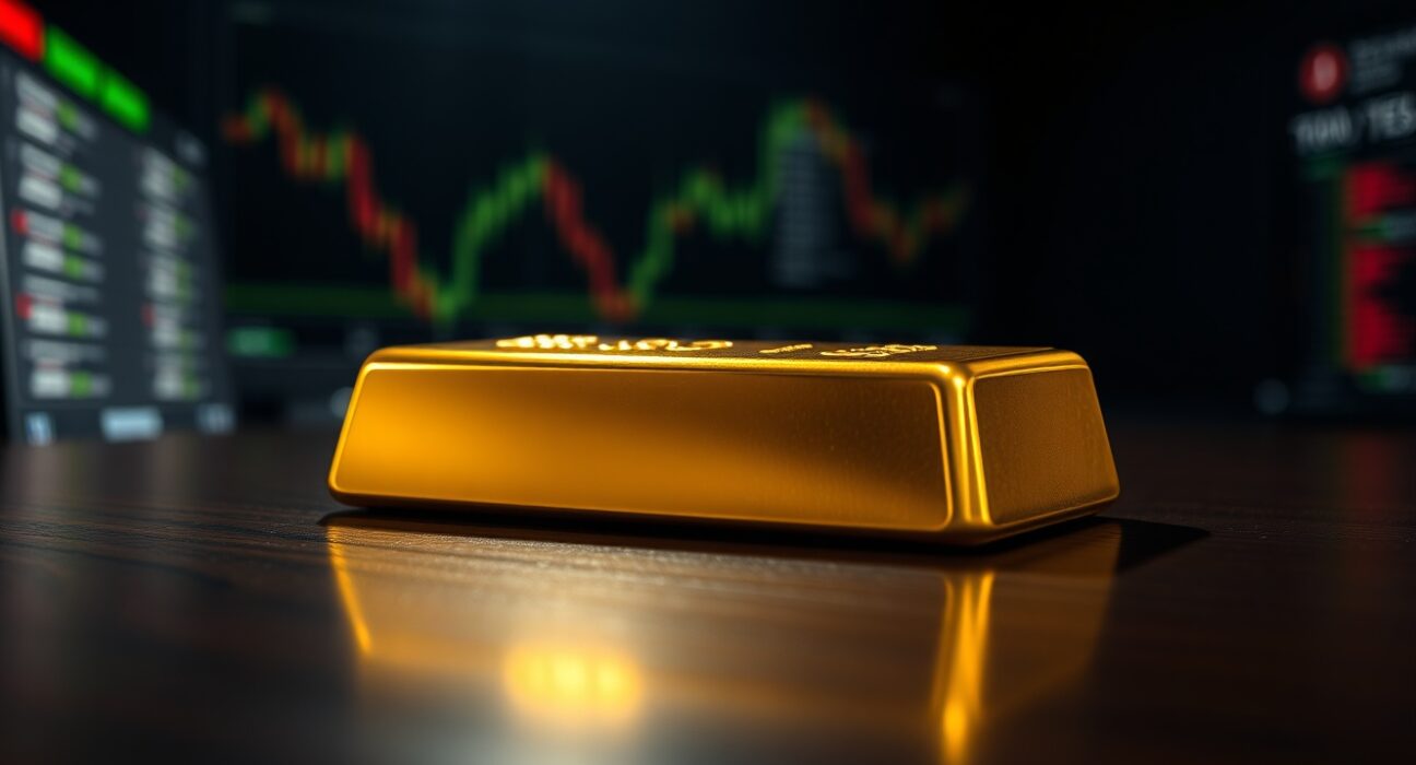 A single gold bar on a dark surface with soft lighting, representing the gold market's recent volatility.