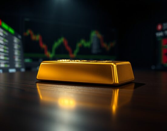 A single gold bar on a dark surface with soft lighting, representing the gold market's recent volatility.