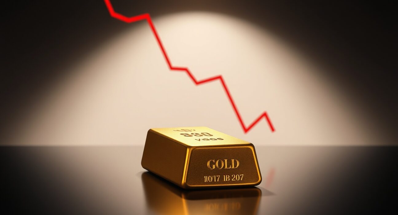 Gold bar with red declining graph in background symbolizing market resistance at $4,000