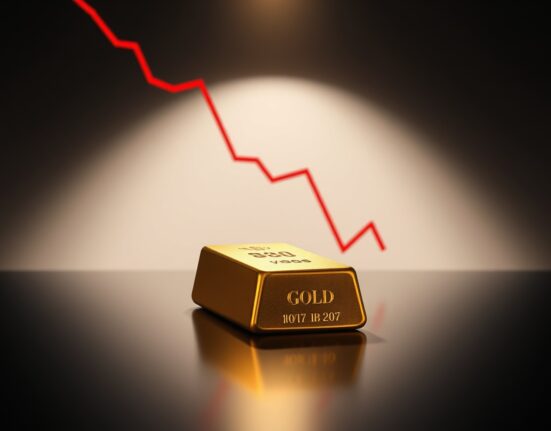 Gold bar with red declining graph in background symbolizing market resistance at $4,000