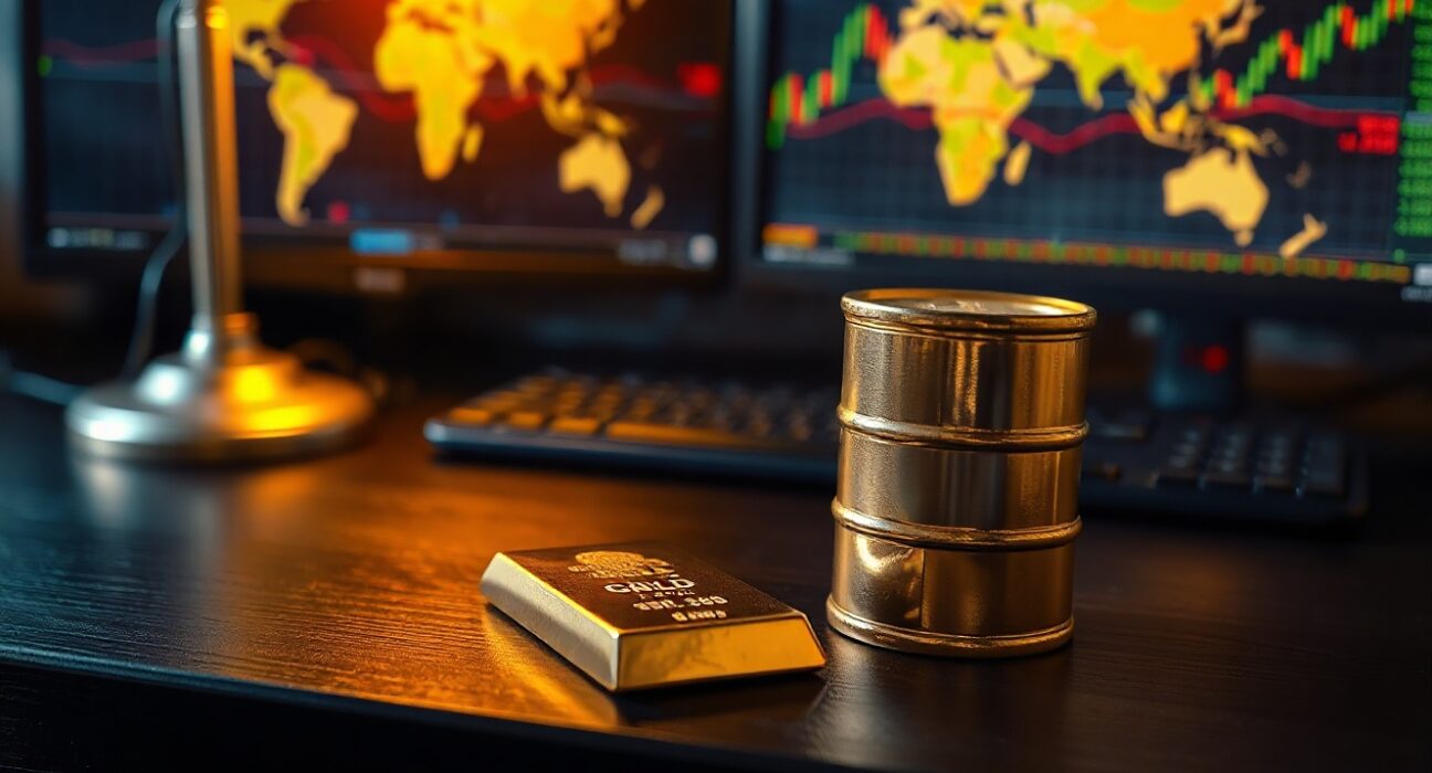 Gold bar and oil barrel on desk with financial charts in background