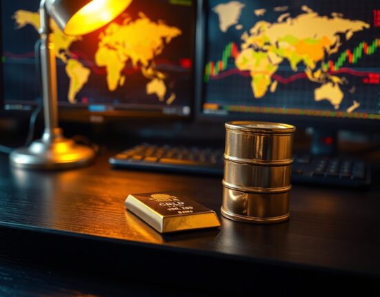 Gold bar and oil barrel on desk with financial charts in background