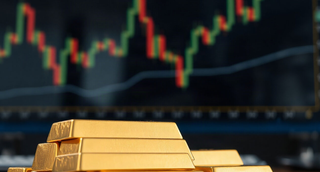 Gold bullion bars on a desk with a blurred financial chart in the background, symbolizing market analysis.