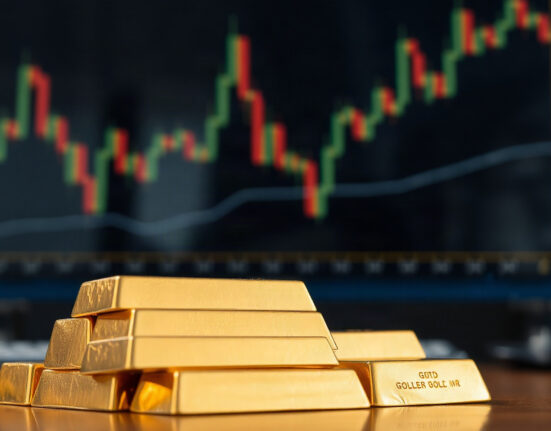 Gold bullion bars on a desk with a blurred financial chart in the background, symbolizing market analysis.