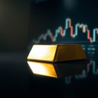 Gold bar on reflective surface with faint chart overlay symbolizing market support level scrutiny