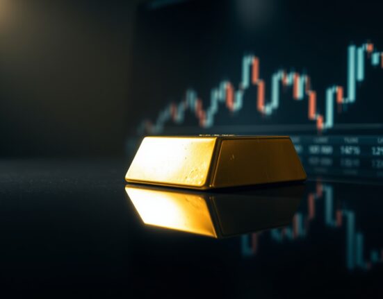 Gold bar on reflective surface with faint chart overlay symbolizing market support level scrutiny