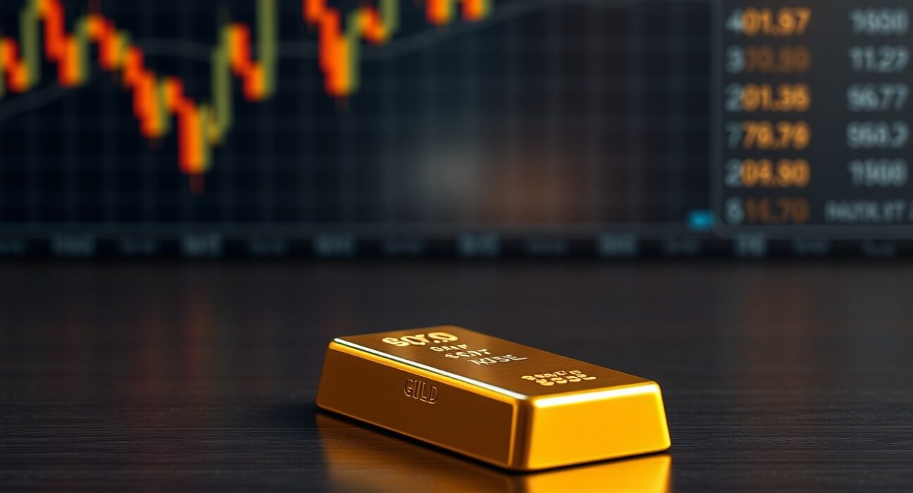 Gold bar with blurred trading charts in background representing safe-haven demand amid geopolitical tensions
