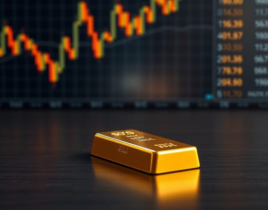 Gold bar with blurred trading charts in background representing safe-haven demand amid geopolitical tensions