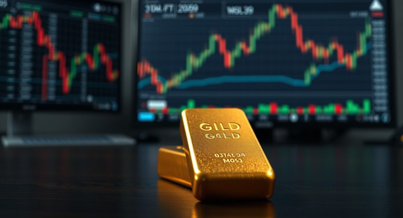 Gold bullion bar on dark surface with blurred financial charts in background
