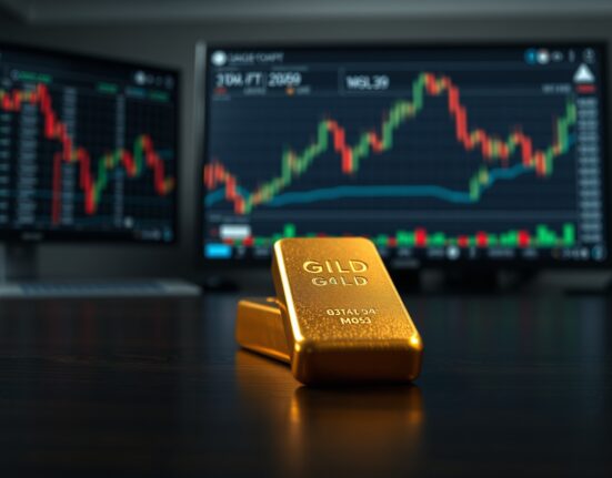 Gold bullion bar on dark surface with blurred financial charts in background