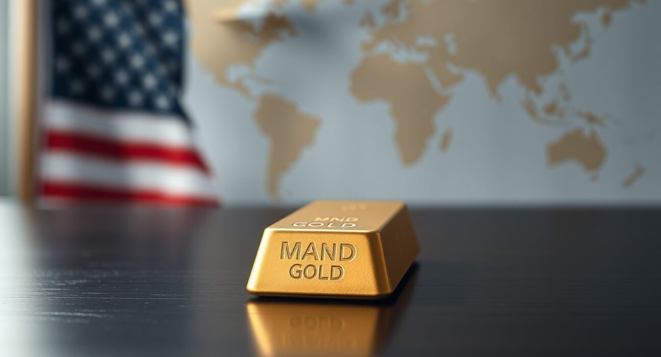 Gold bar on dark surface with American flag and world map in blurred background