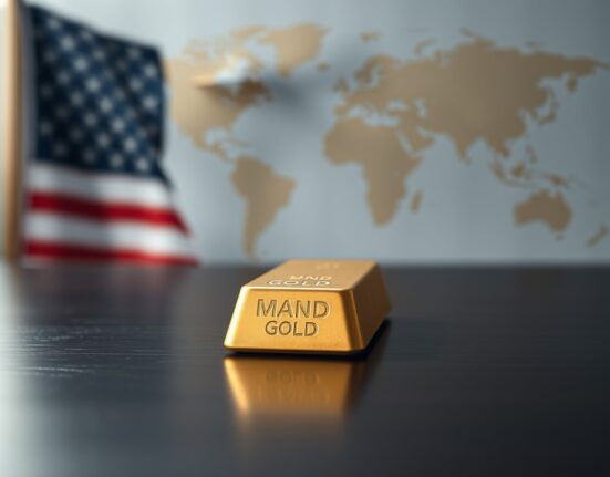 Gold bar on dark surface with American flag and world map in blurred background