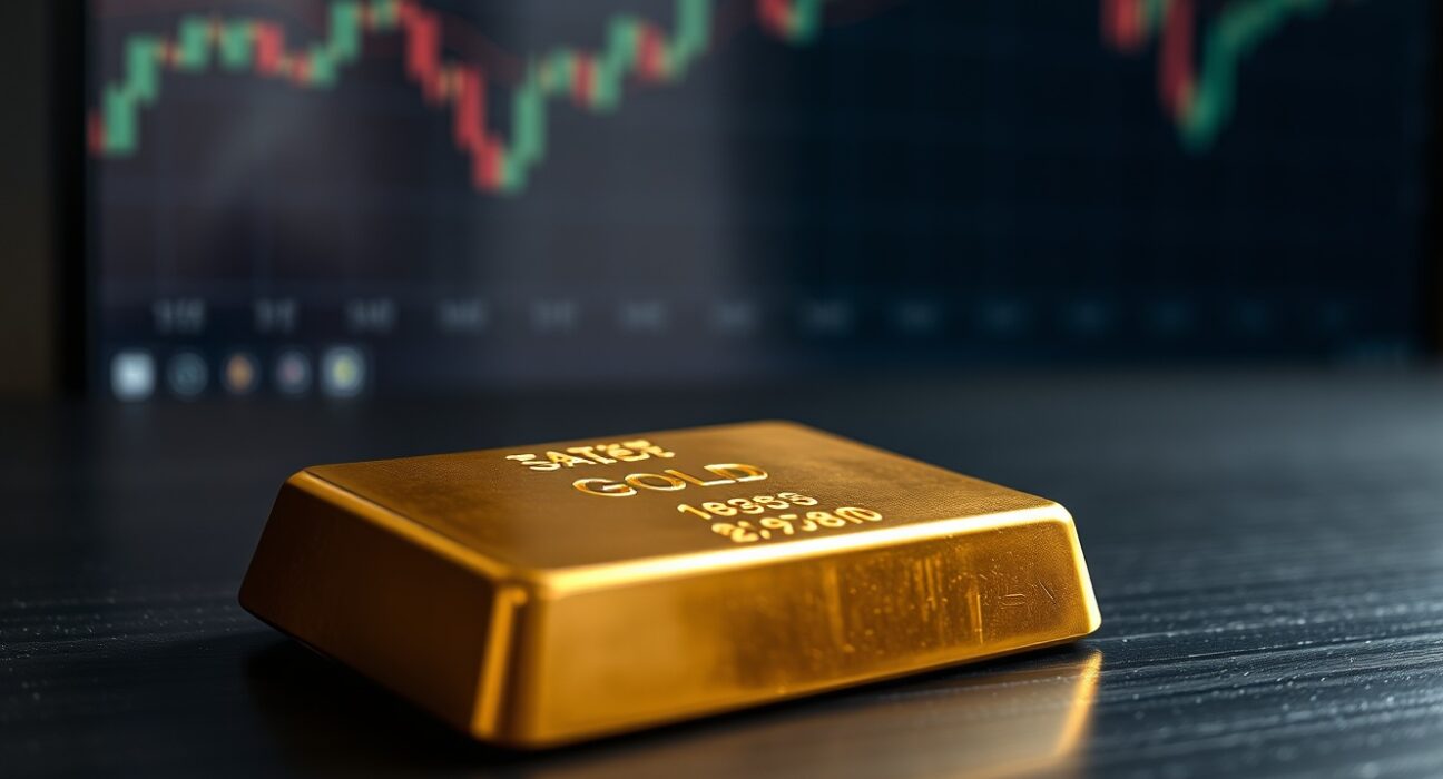 Gold bar on dark surface with blurred financial chart in background
