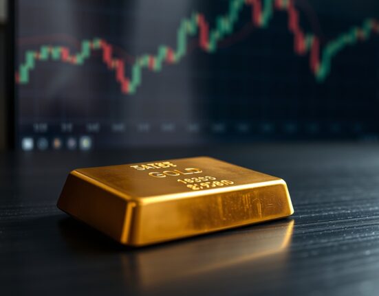 Gold bar on dark surface with blurred financial chart in background