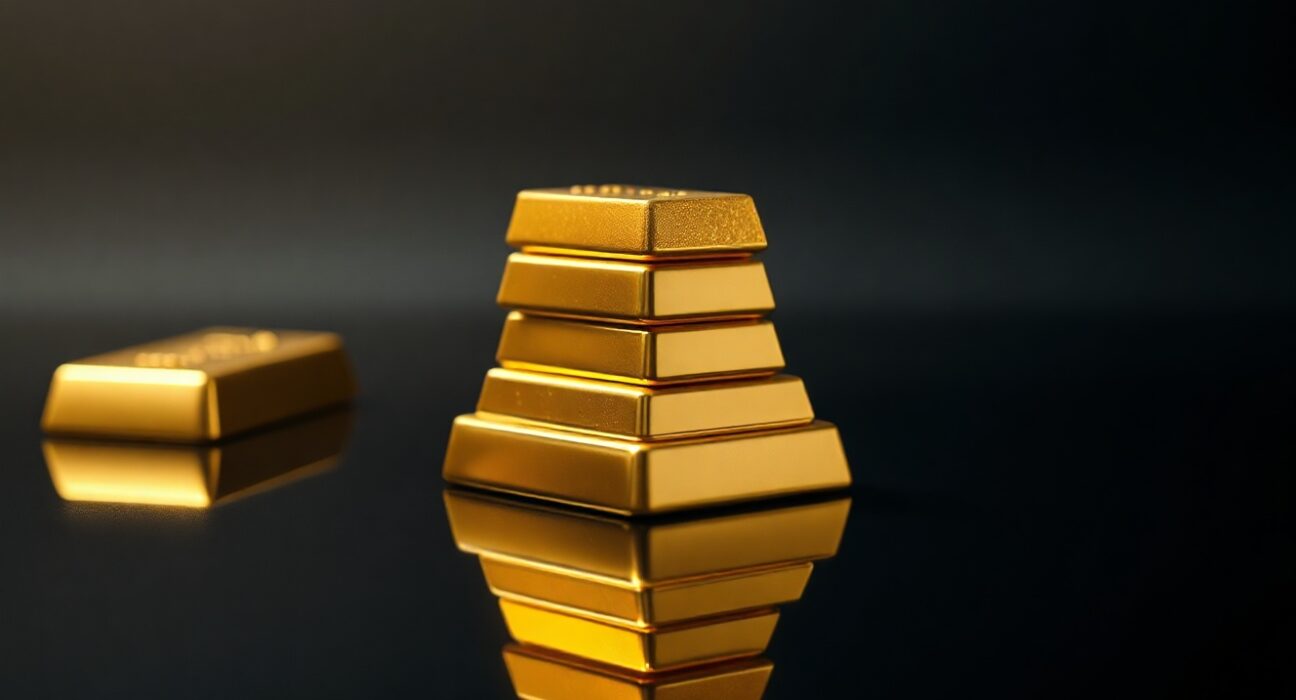 Stack of polished gold bars on a dark reflective surface, representing gold price stability above $4,300.