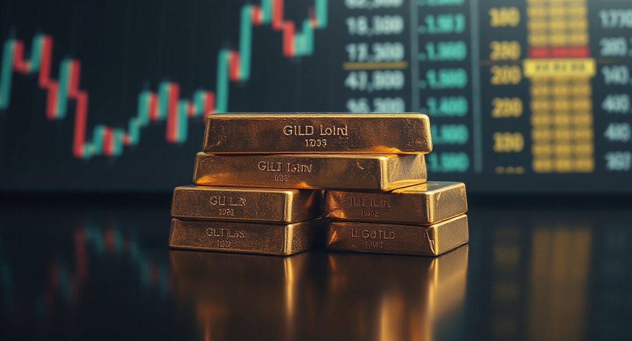 Gold bullion bars on a reflective surface with a blurred market chart background