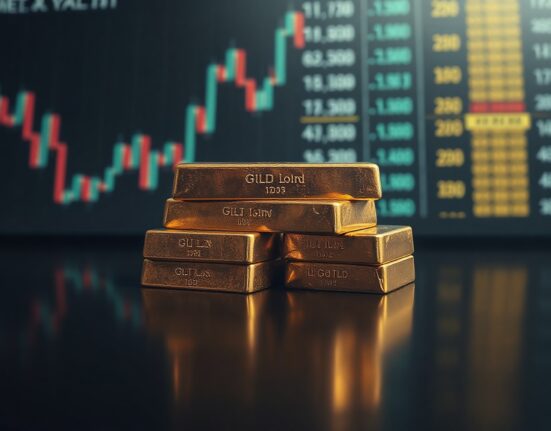 Gold bullion bars on a reflective surface with a blurred market chart background