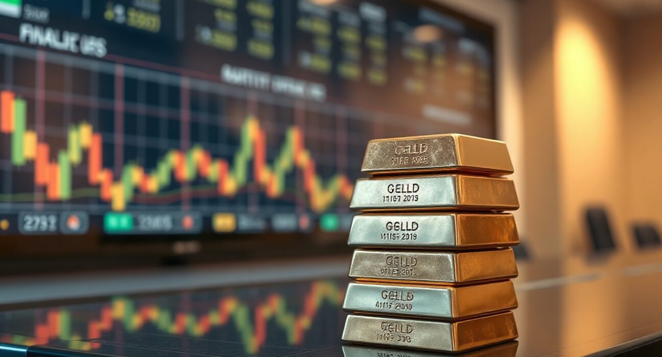 Gold bars stacked on a reflective surface with a blurred market chart in background