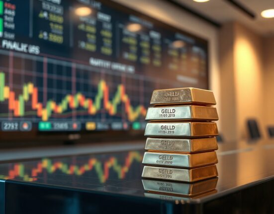 Gold bars stacked on a reflective surface with a blurred market chart in background
