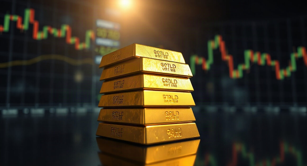 Gold bullion bars stacked on a reflective surface with financial charts in the background.