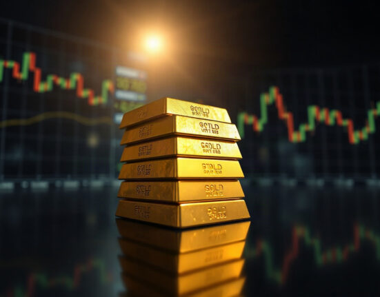 Gold bullion bars stacked on a reflective surface with financial charts in the background.