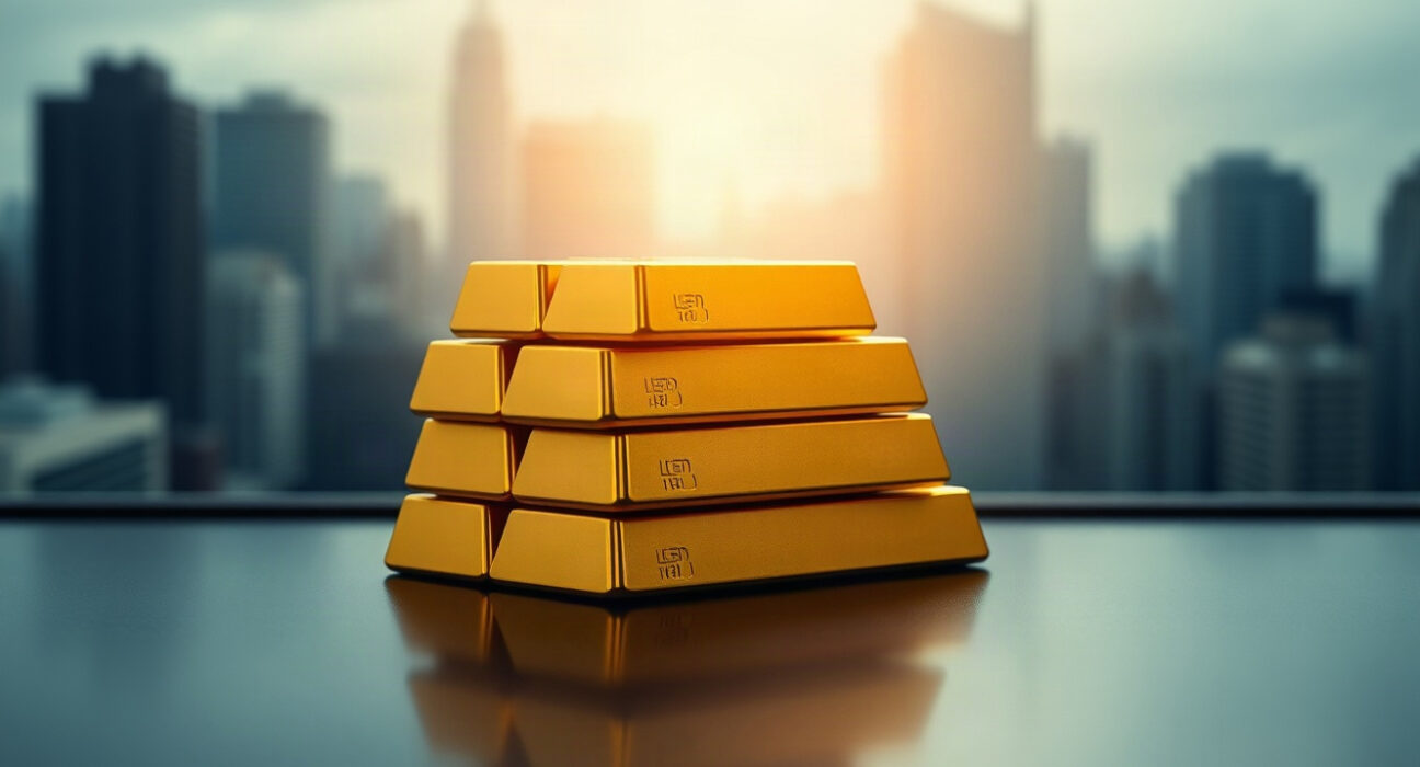 Gold bullion bars stacked on a reflective surface with a financial district background