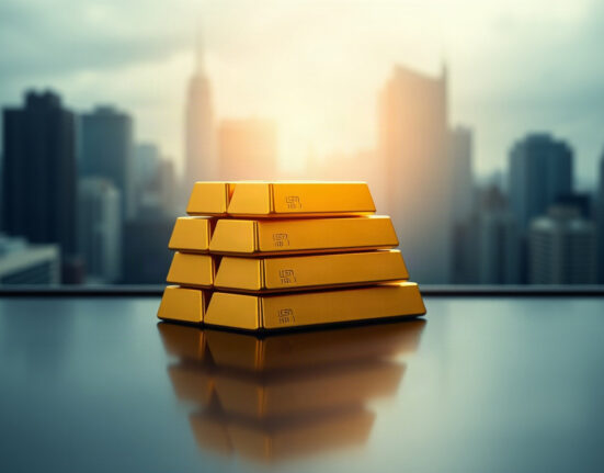 Gold bullion bars stacked on a reflective surface with a financial district background