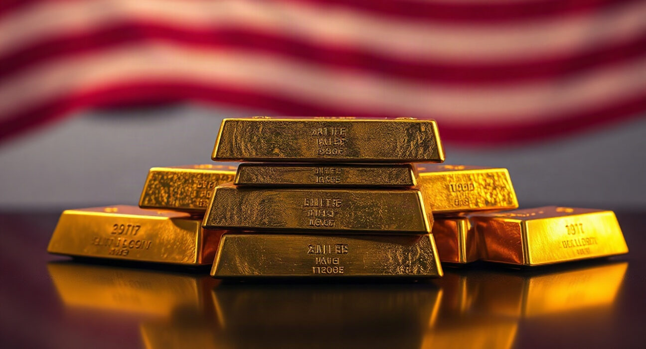 Gold bullion bars stacked on a reflective surface, symbolizing rising gold prices.