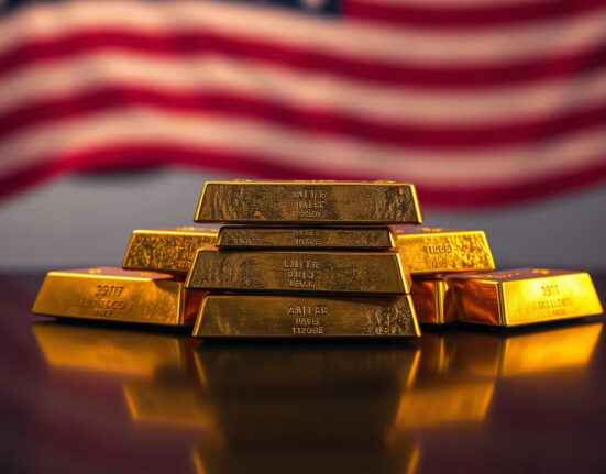 Gold bullion bars stacked on a reflective surface, symbolizing rising gold prices.