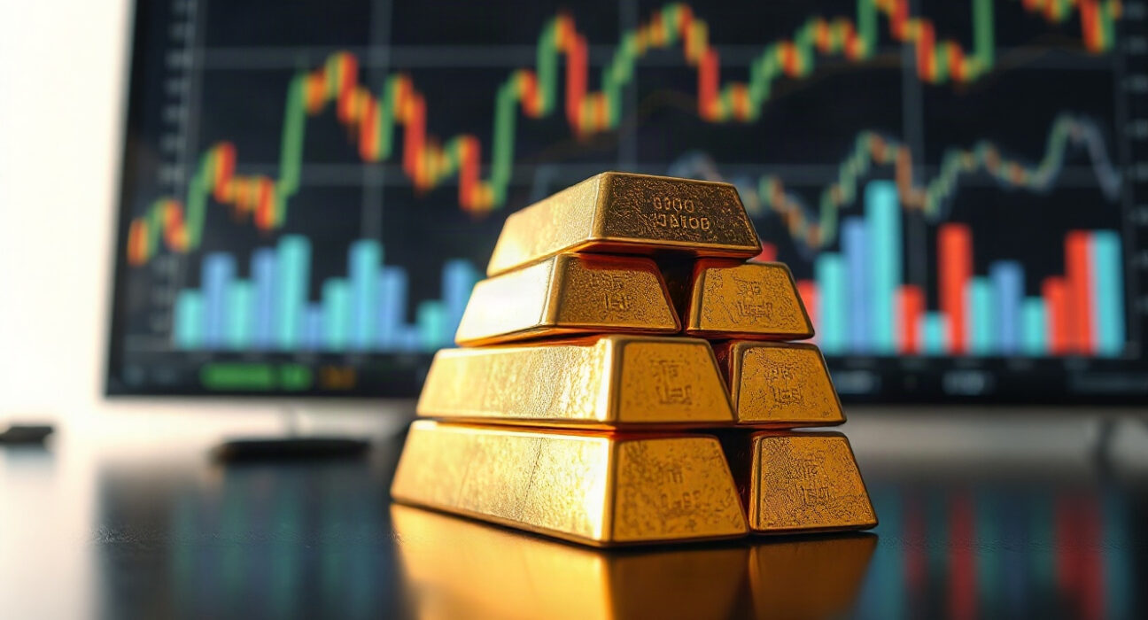 Gold bars stacked on a reflective surface with financial charts in the background
